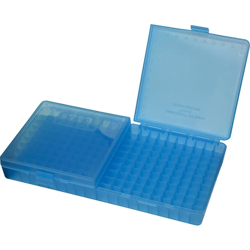 MTM Fliptop 200 Round Pistol Ammo Box 45 ACP, 10mm, 40 S&W – Clear Blue