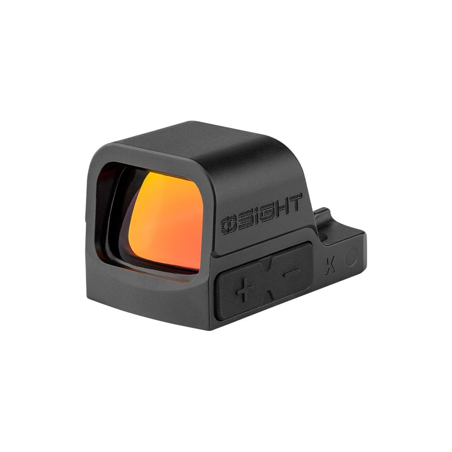 Osight K RMSc footprint open- emitter red dot with side-loading battery.